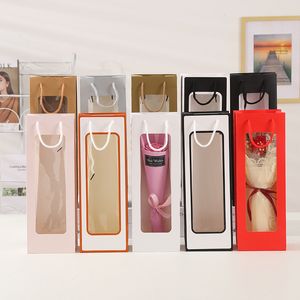 Wine Kraft Paper Gift Package Väska med tydliga fönster Portabla blommor Bröllop Favors Wrap Packaging Påsar