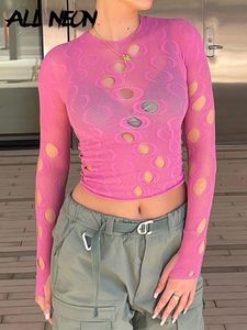 ALLNeon Estetica anni 2000 Vintage Pink Hollow Out Crop Tops Y2K Moda E-girl O-Collo Stampa T-shirt a maniche lunghe Donna