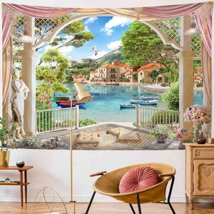 Tapestry 3d Island Landscape Wall Tapestry Arch Window målning Hippie stor fo