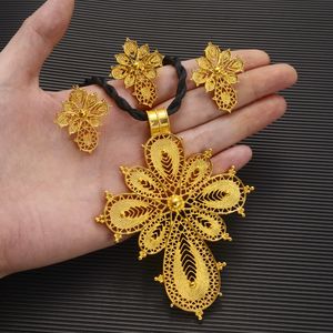 высокое качество Fine Solid 14k Gold Эфиопские комплекты ювелирных изделий большой крест Ожерелье серьги кольцо Дубай Невеста Habesha Африканские товары подарок