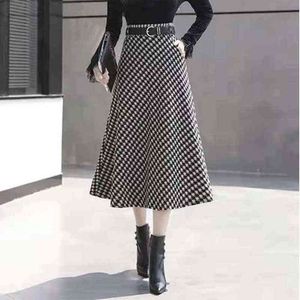 Houndstooth Ladies Midi Skirt 2021 Autumn and Winter New Koreanバージョンファッションエレガントな傘スカートハイウエストAラインスカートL220725