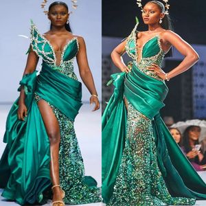 2022 Plus Size Arabic Aso Ebi Hunter Green Mermaid Prom Dresses Pärlade kristaller Lyxig kväll Formell fest Second Reception Födelsemedelskläder klänning klänning klänning