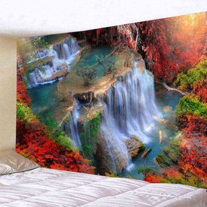 Wald Herbst Teppich Wandbehang Natur Herbst Wasserfall Landschaft Hippie Mandala Baum Boho Wand Dekor Decke Schlafzimmer Yoga Teppich J220804