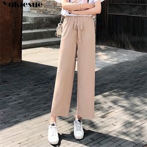 Streetwear Summer Women S Emale High Wase Elastic szerokopasmowe spodnie na nogi capris dla kobiet spodni Kobieta plus rozmiar khaki czarny 210412