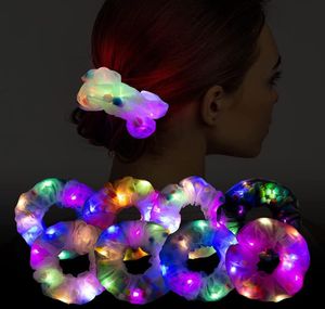 LED Hair Scrunchies Stage Wear Rave Headwear Light Up Neon Satin Ponytail Elastic Hair Ties Luminous Glowing Hairring for Women Girl Birthday Holiday Party Favor