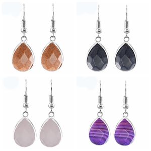 Women Teardrop Dangle Earrings Natural Faceted Waterdrop Gemstone Drop Dangling Healing Chakra Stone Quartz Crystal Spiritual Energy Reiki Balancing Ear Jewelry