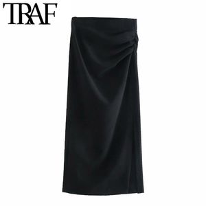 TRAF Women Fashion Office Wear Draped Pencil Midi Skirt Vintage High Waist Side Zipper Slit Hem Kvinna Kjolar Mujer 220317