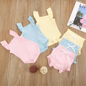 0 m Summer Lovely Toddler Baby Girls Boys Clothes Set Solid Knit Ruffles Sleeve Bodysuit Romper Tops Shorts
