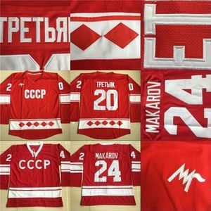 Vipceomit En Kalite 20 Vladislav Tretiak 1980 CCCP Rusya Hokey Mens 24 Sergei Makarov Dikişli Kırmızı Hokey Formaları Ucuz