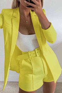 春秋の新しいファッションエレガントレディスリムオープンステッチジャケットブレザーショーツ2ピースセット女性ブレザーセットY220804