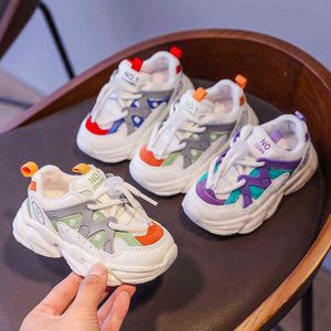 2021 New Spring Sports Shoes for Boys Fashion Patchwork Stripes Dad Sneakers for Girls Purple Green Blue Kids Trainers D12263 G220517