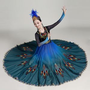 Frauen Bühnenkleidung Tanzkostüme Xinjiang Uygur Kleidung Chinesische ethnische Kleidung Performance-Kleid mit Kopfschmuck
