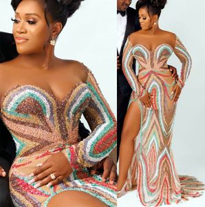 2022 Plus Size Arabisch Aso Ebi Bunte luxuriöse Meerjungfrau-Abschlussballkleider Sheer Neck Abend formelle Party Zweiter Empfang Geburtstag Verlobungskleider Kleid ZJ456