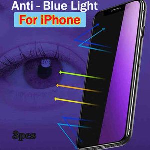 3 Stück Anti Blue Light Displayschutzfolie für iPhone 11 12 13 Mini Pro Max 6S 7 8 Plus X S XR XS Max SE2020 Eyes Care gehärtetes Glas AA220326