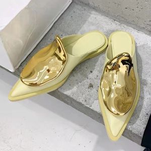2022 Pointed Toe Flat Slippers Women Genuine Leather Shiny Metal Sheets Decor Sandals Spring Outdoor Vacation Shoes Lazy Mules