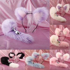 Cute Soft Cat orecchie Fasce con 40 cm Tail Bow Butt in metallo Plug anale Accessori cosplay erotici Giocattoli adulti del sesso per coppie 220412