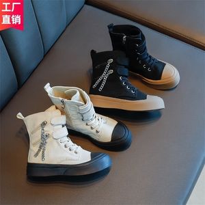 autumn children high-top metal chain boots boys girls casual breathable non-slip canvas shoes kids trendy single boots LJ201201