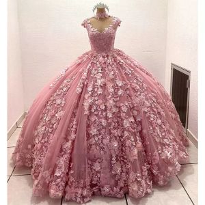 فساتين Quinceanera وردية مغبرة ثوب حفلة فاخر ذهبي ثلاثي الأبعاد مزين بالدانتيل مطرز برقبة عالية فستان رسمي رائع 16 فساتين حفلات أعياد الميلاد