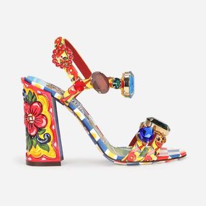 Fashion Rhinestone Jewery T Strap Sandals Fashion Summer 3D Print High heeled Pumps Women Gladiators