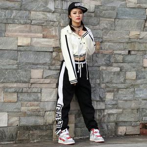Stage Wear Women Striped Hoodie Crop Top Sweatshirt Jazz Pants Adult Girl's Black-And-White Letter Webbing Harem Hiphop Dance XS2345Stag