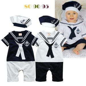 Moda Estate nata Stile Navy Pagliaccetto per bambini Bambini Ragazzi Ragazze Tuta da marinaio Cappello 2 pezzi Body a maniche corte con ancoraggio stampato 220525