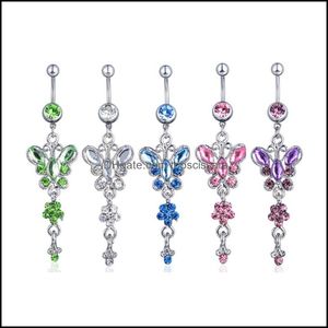Body Arts Butterfly Dangling Cz Belly Button Ring 316L Surgical Steel Flower Charm Navel For Women Drop Delivery 2021 Topscissors Dhrhe