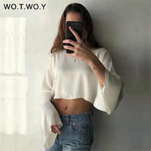 WOTWOY Summer Silk Crop Top Donna High Street Flare Sleeve Camicette in chiffon Donna Camicetta bianca ombelico Camicia Donna Blusa Nuovo 201201