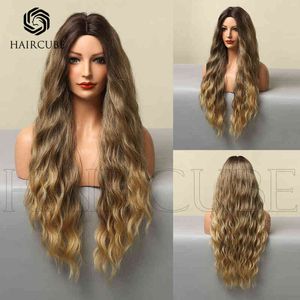 Style high temperature silk chemical fiber material dyed brown medium split curly hair wigs for daily use 220527