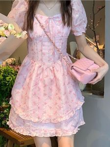 夏のフローラルカワイイパーティーミニドレスプリントピンク韓国スタイルシックフェアリードレスパフスリーブプリンセススウィートかわいいドレス220516