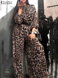 2022 Stylish Printed Jumpsuits Zanzea Women Leopard Party Overalls Playisuits Casual ol långärmad elastisk midja lös romper 7 y220511