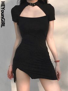 heyoungirl harajuku black bodyconミニドレス女性スプリットサイドホルターショートドレスレディーススキニースリーブ夏220521