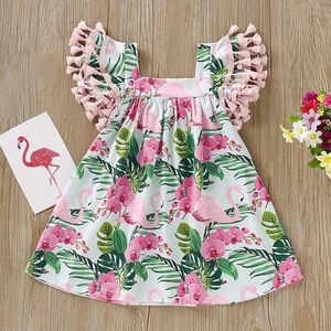 Mädchenkleider, kurzes Kleid mit fliegenden Ärmeln und Flamingo-Print für Mädchen