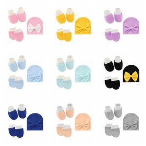Newborn Fetal Cap Set Baby Bowknot Hats Hand Feet Cover Infant Gloves Foot Cover Toddler Socks Sets Bow Tie Hat Kids Gift 3 Pieces B7937
