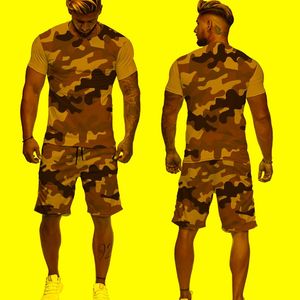 Treno masculino T-shirt de t-shirt de manga curta masculina Terno de cor 3D Impressão de verão respirável Casual Camuflage Roupas O-gola O-gola Duas peças
