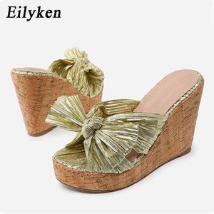 Nxy Sandalen Seide Holzmaserung Plattform Keil Frauen Hausschuhe Mode Offene spitze Schmetterling-knoten Sommer Slide Schuhe High Heels