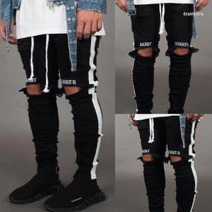Męskie dżinsy Spodnie swobodny chuda biały boczny Hip Hop Broken Zipper Nightclub Street Style Black and Drak22