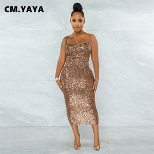 CM.YAYA Women Sequined Sleeveless Lace Up Backless Spaghetti Strap Bodycon Midi Mid-calf Length Sexy Party Dress 220516