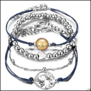 Bracelets de charme J￳ias Bracelete de joias 4pcs pacote de cord￣o mapa de cord￣o cora￧￣o redondo p￩rola configura￧￣o de metal com cor de metal DXI
