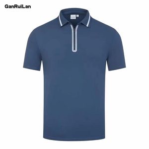 Högkvalitativ poloskjorta Sommar Kortärmad Zipper Tröja Polo Nylon / Spandex Solid Casual Shirt Polo Male Toppar 220418
