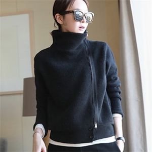 Women Cardigan Double Thickening Loose Turtleneck Female Sweater Ladies Solid Color Cashmere Sweater Knitting Cardigans 201209