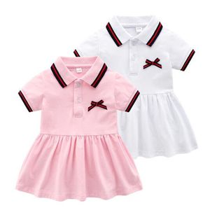 Neonati Princess Dress Hugh Quality 100% Cotton Girls Dress 2022 Summer Short Sleeve Risvolto Abiti per bambini 2 colori White Pink Girls Child clother
