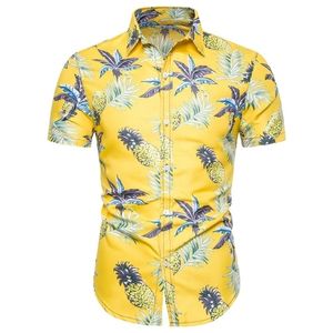 Hot Fashion Men Summer Hawaiian Cotton Yellow Short Sleeve Basic Shirt Blouse Fit Slim Printed Top Men Shirt New Arrivals