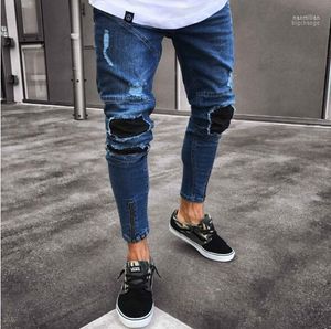 Mens High Street Fashion Pencil Pants Jeans Male Ripped Holes Zipper Design Blue Estruerad Biker tvättade denim Naom22