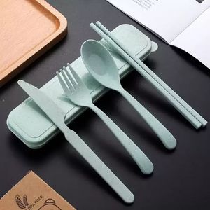Wholesale animal kit resale online - 3pcs set Travel Cutlerys Portable Cutlery Box Wheat Straw Fork Spoon Student Dinnerware Sets Kitchen Tab sxa20