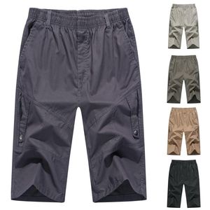 Calça masculina masculina botão de cor sólida casual todos combinam shorts de tecido de tecido moda com bolsos Slippermen's