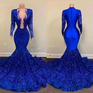 Blue Royal Prom Dresses Plunging V Neck långa ärmar Sparkly paljetter Applique Mermaid Golvlängd Satin Evening Formal Wear Party Gowns Vestidos Custom Estidos