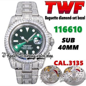 TWF 116610 126610 Cal.3135 A3135 Automatic Mechanical Mens Watch 40MM Baguette diamond-set Bezel Green Dial 904L Steel Iced Out Diamonds Bracelet Eternity Watches