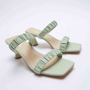 Сандалии горки лето Новые 2022 женская обувь Обувь открытые пальцы носят мода зеленый квадратный нос плиссированный из слова ремень тонкие высокие каблуки 220413