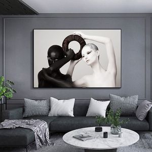 Czarno-biały Streszczenie Sexy Nude African Women Ciało Oil Malowanie na płótnie Plakaty i wydruki Wall Art Picture do salonu
