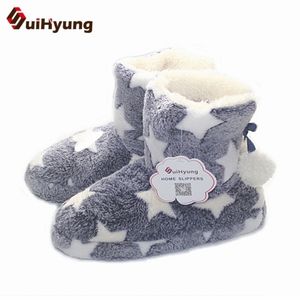 Suihyung Frauen Winter Warme Fleece Indoor Schuhe Sterne Hause Plüsch Hausschuhe Haar ball Indoor Boden Schuhe Haus Slip Auf Mejur botas Y200106